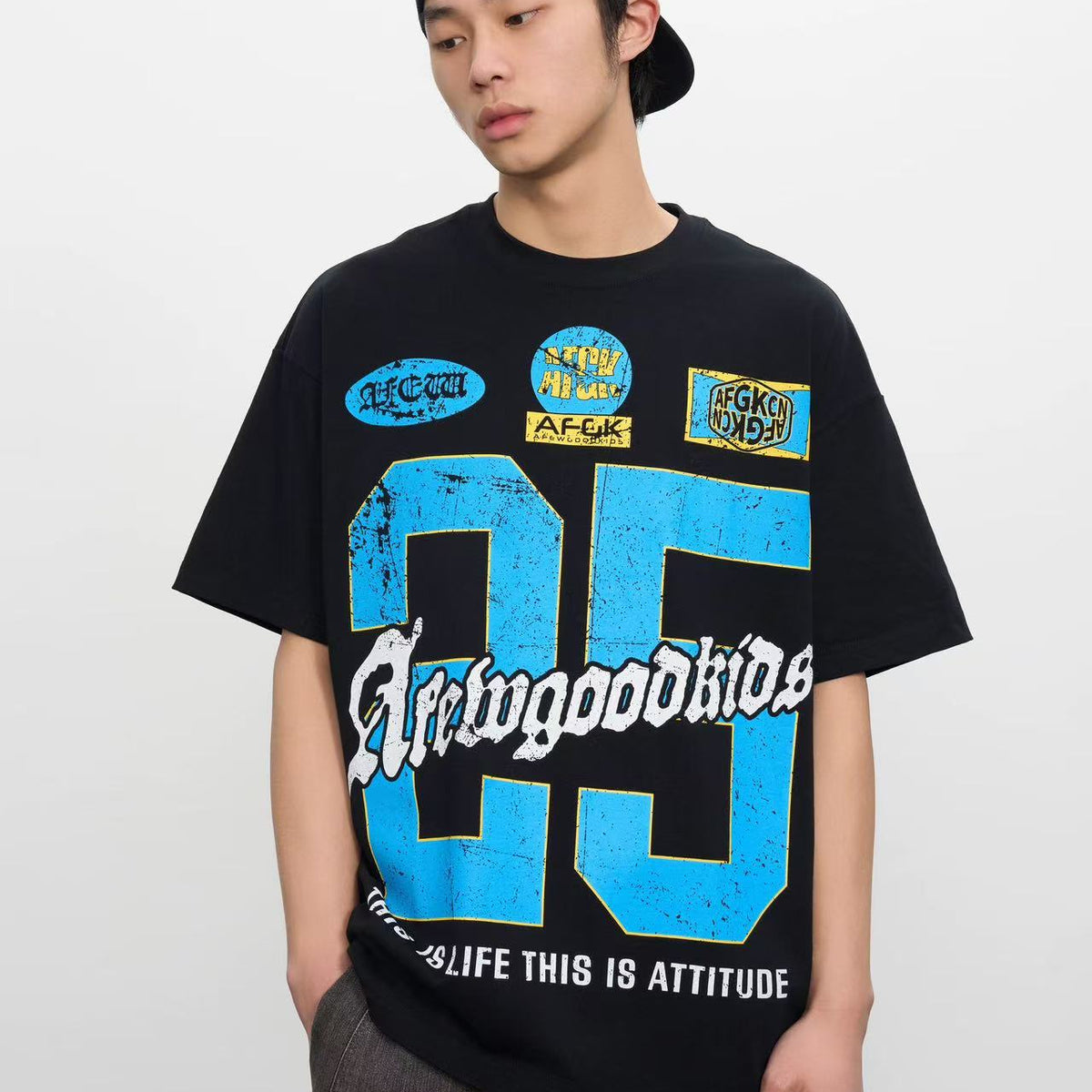 AFGK Retro Distressed Logo Print Short-sleeved T-shirt