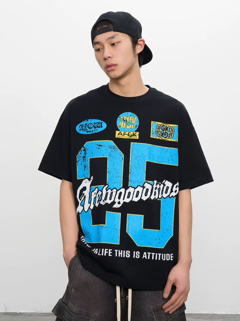 AFGK Retro Distressed Logo Print Short-sleeved T-shirt