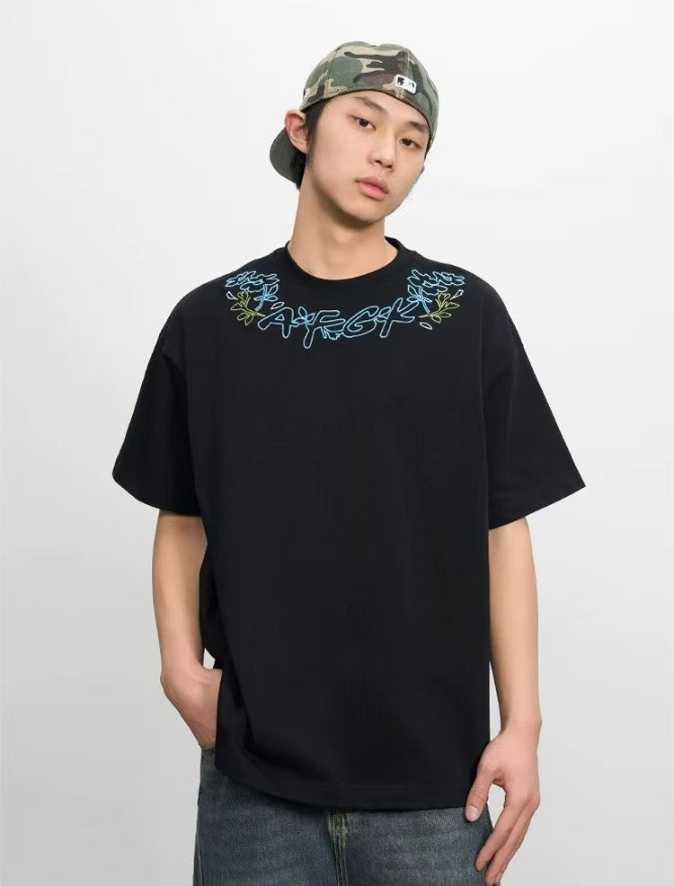 AFGK Floral Necklace Embroidered Short-sleeve T-Shirt