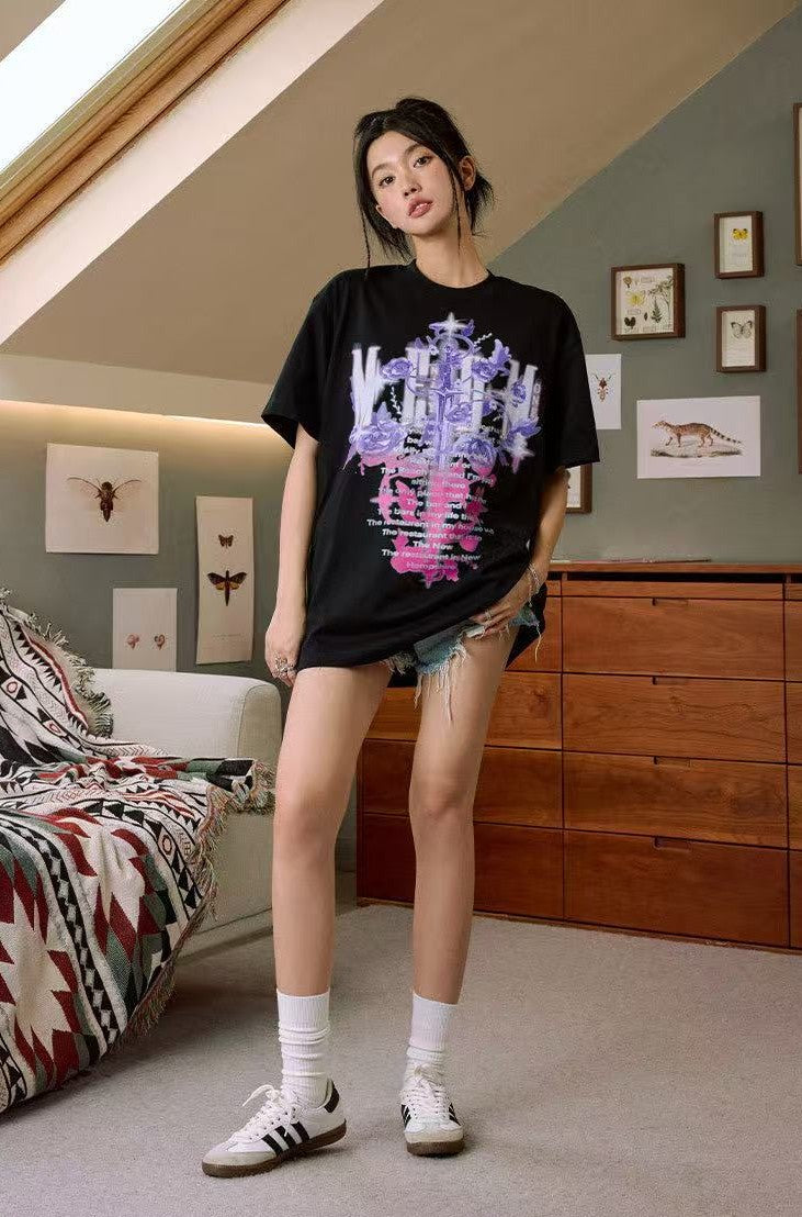 MEDM Rose and Sword Print Short-sleeve T-Shirt