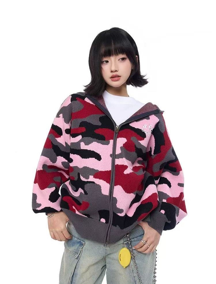 AFGK Pink Camouflage Hooded Cardigan Sweater