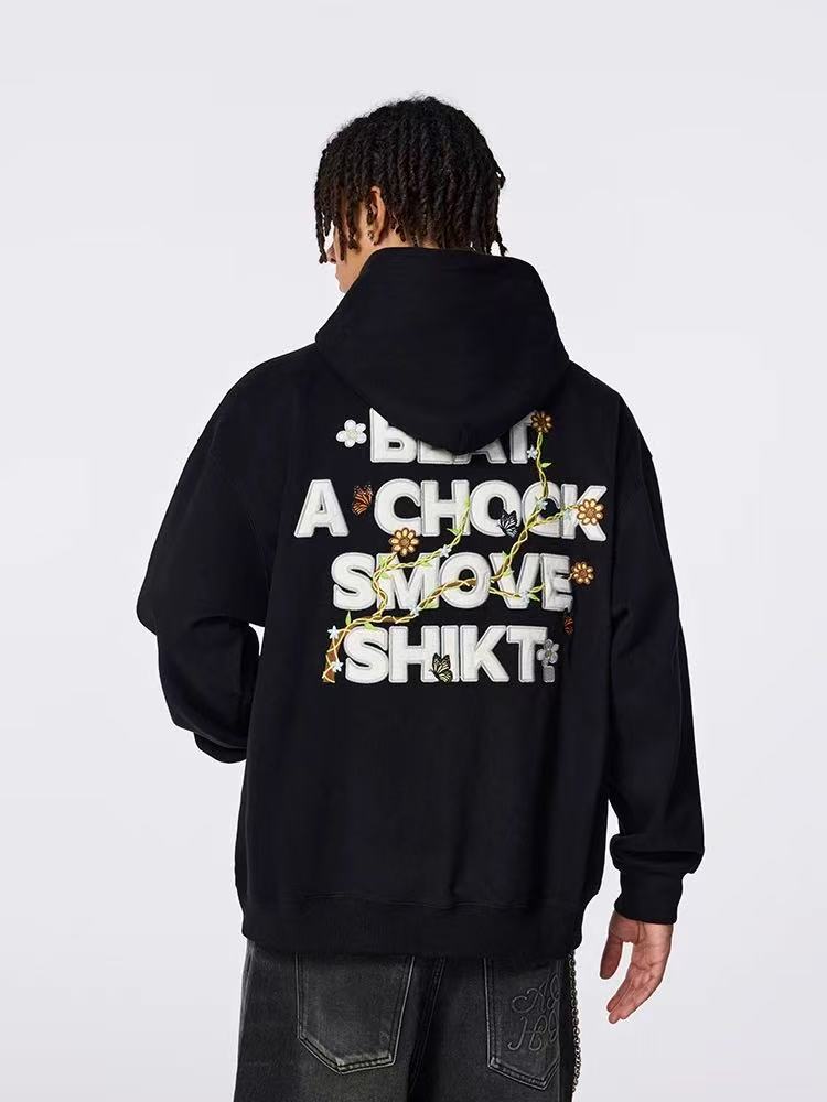 ACHOCK Floral Patch Embroidered Hooded Sweatshirt