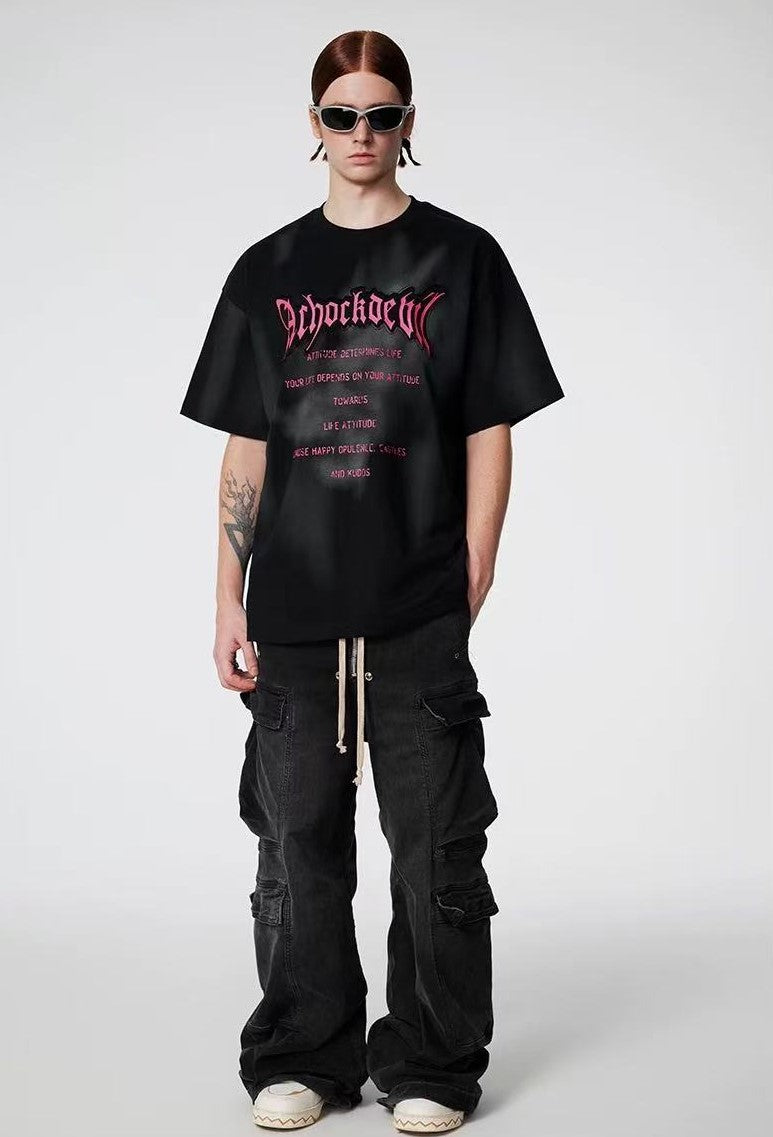 ACHOCK Embroidered Washed Black Distressed T-shirt