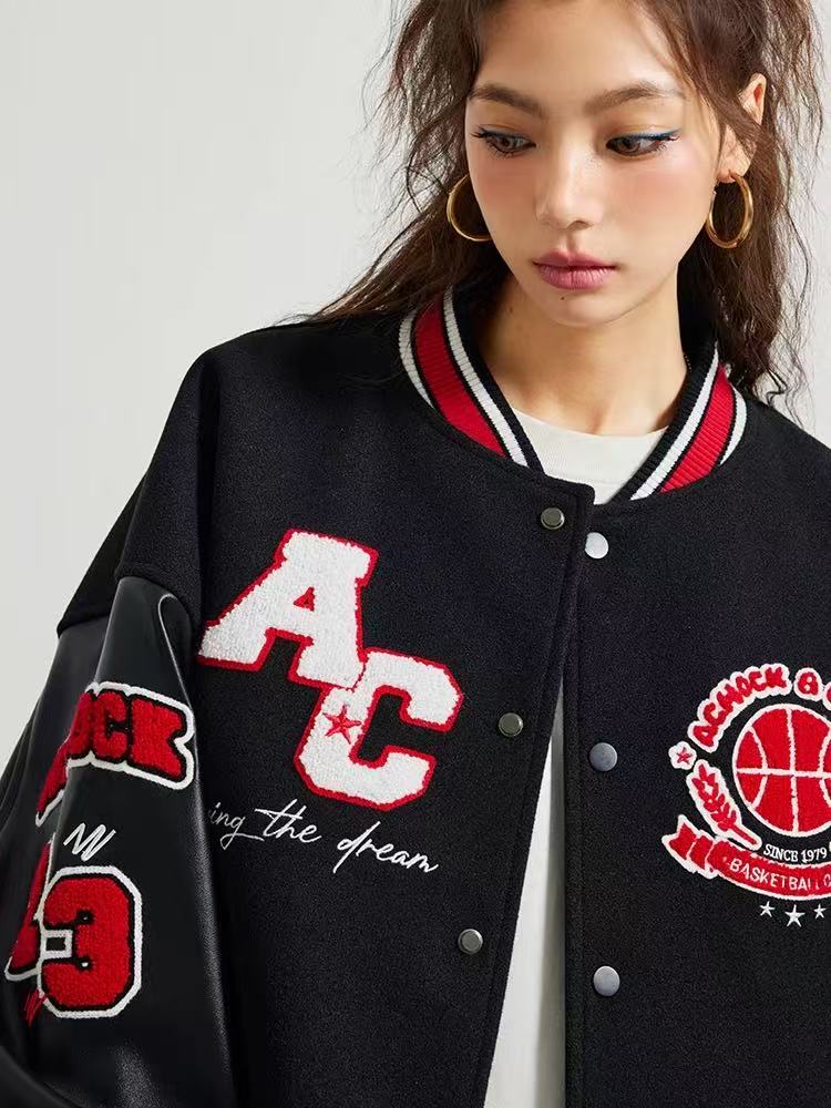 ACHOCK Retro Stitching Flocked Embroidery Varsity Jacket