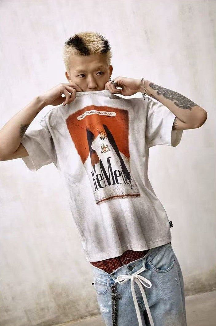 REMEDY Distressed Marlboro Design Short-sleeve T-Shirt