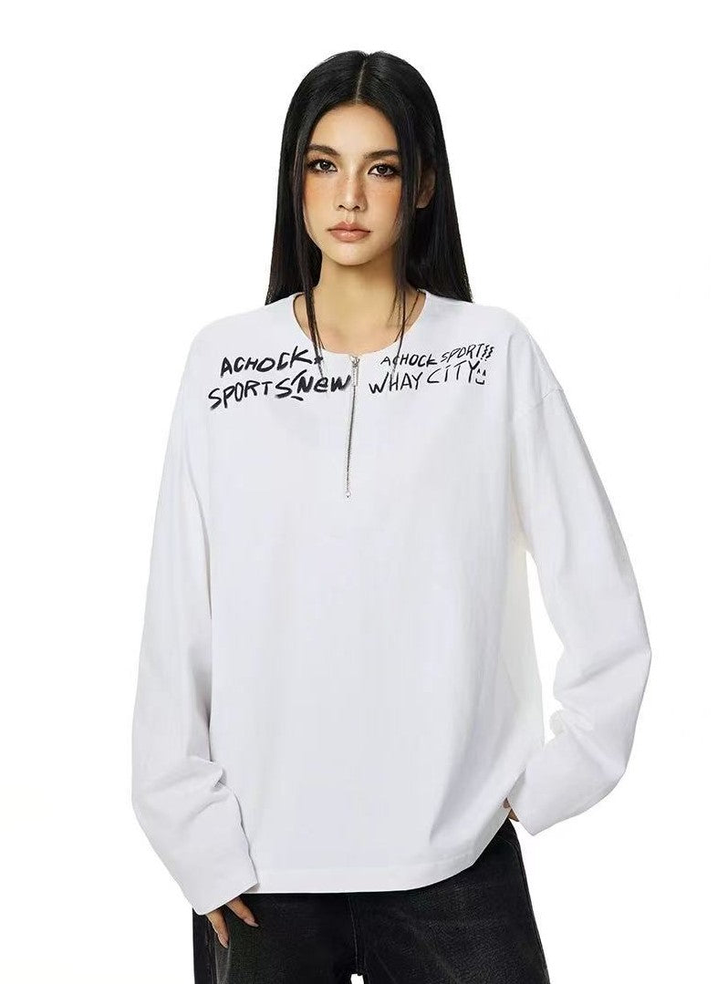 ACHOCK Henley Collar Monogram Half-zip Long-sleeved T-shirt