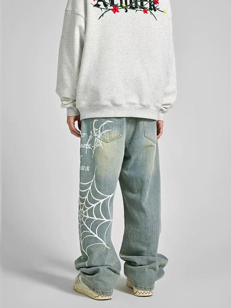 ACHOCK Spiderweb Print Washed Jeans