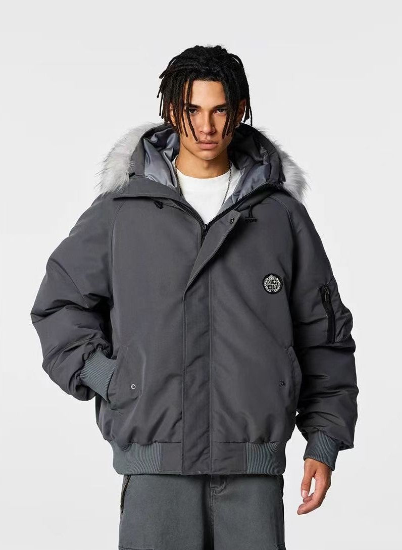 ACHOCK Logo Design Fur Collar Hooded Cotton Coat