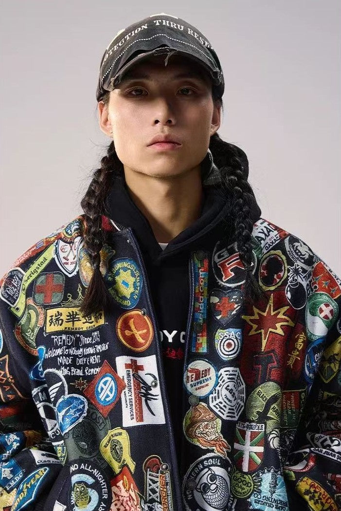 REMEDY Over Printed Badge Varsity Jacket