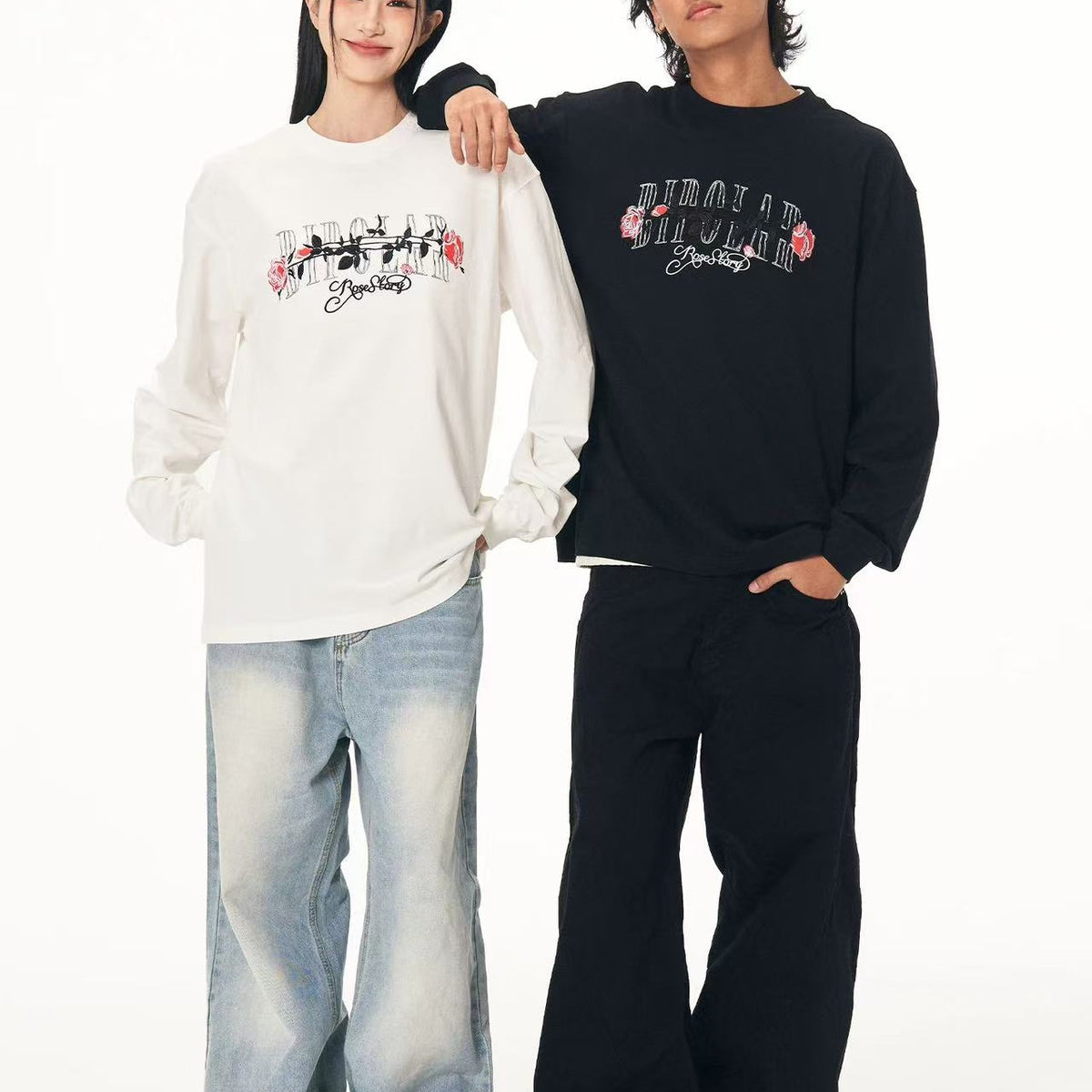 BIPOLAR Neon Rose Embroidered Long-sleeves T-shirts