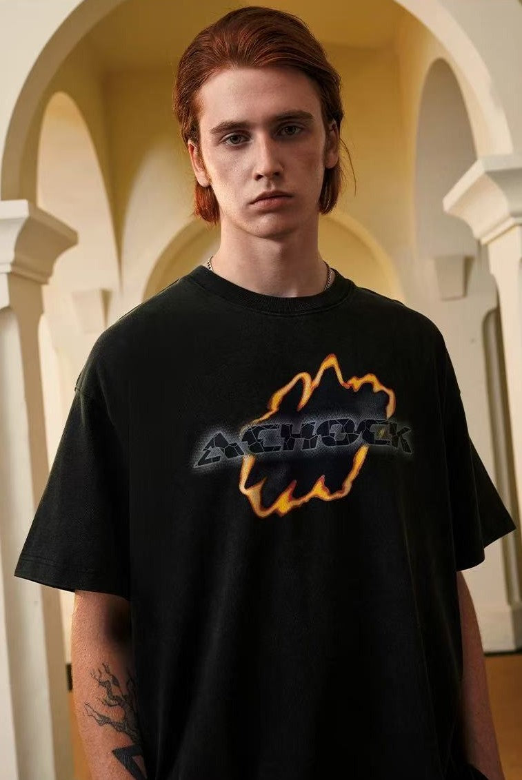 ACHOCK Washed Distressed Flame Print T-shirts