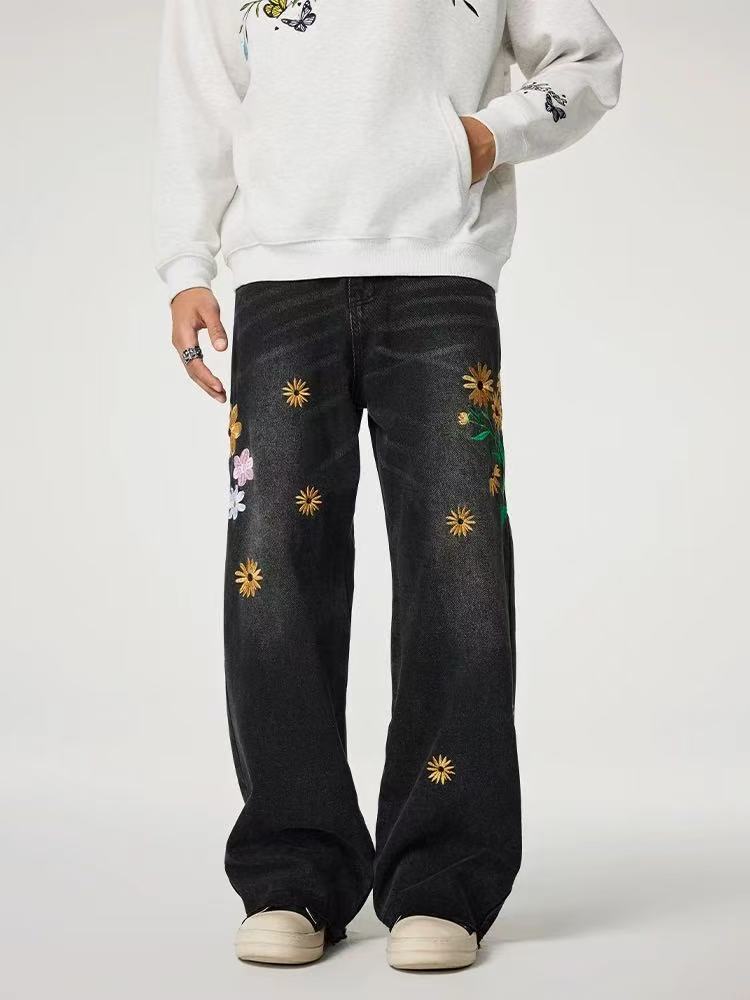 ACHOCK Heavy Wash Floral Embroidered Jeans