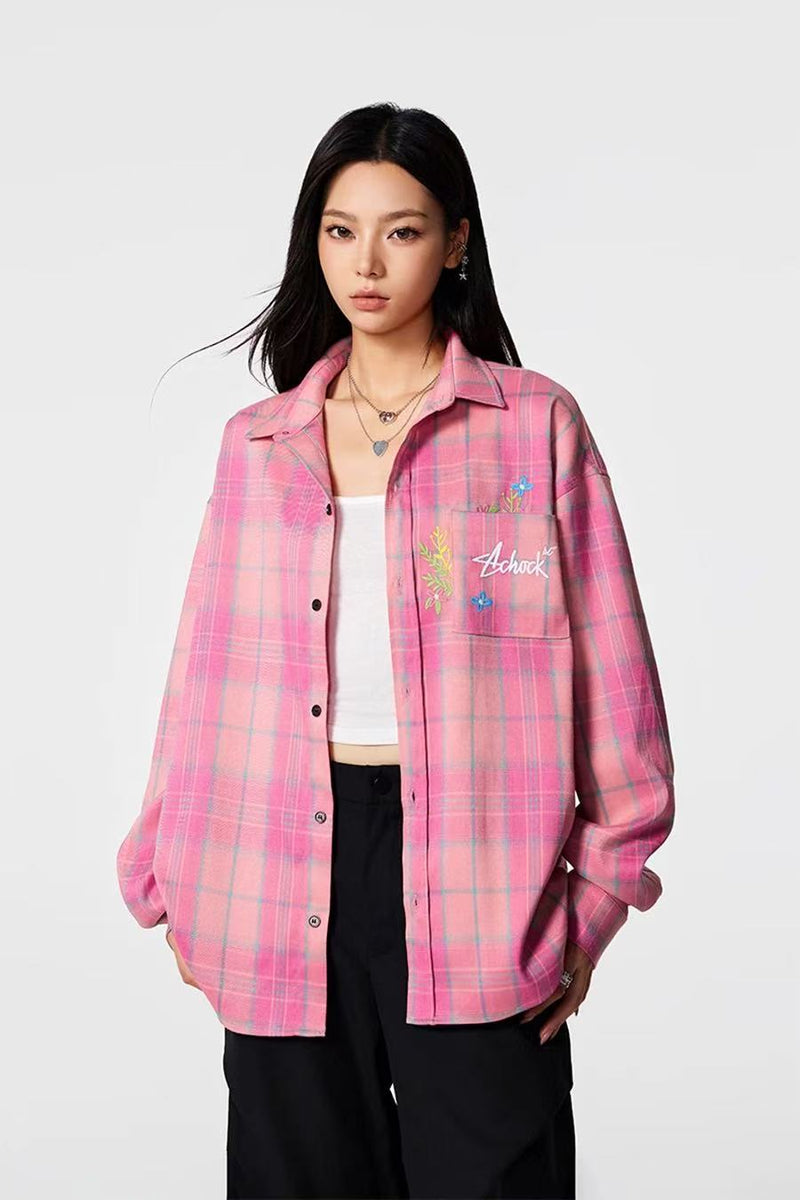 ACHOCK Vintage Floral Embroidered Plaid Long-sleeve Shirt