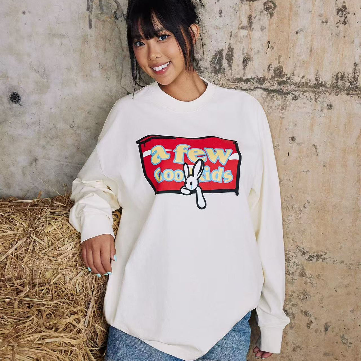 AFGK Rabbit Graffiti Print Long Sleeve T-Shirt