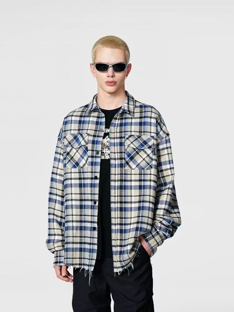 ACHOCK Retro Plaid Tassel Long-sleeve Shirt