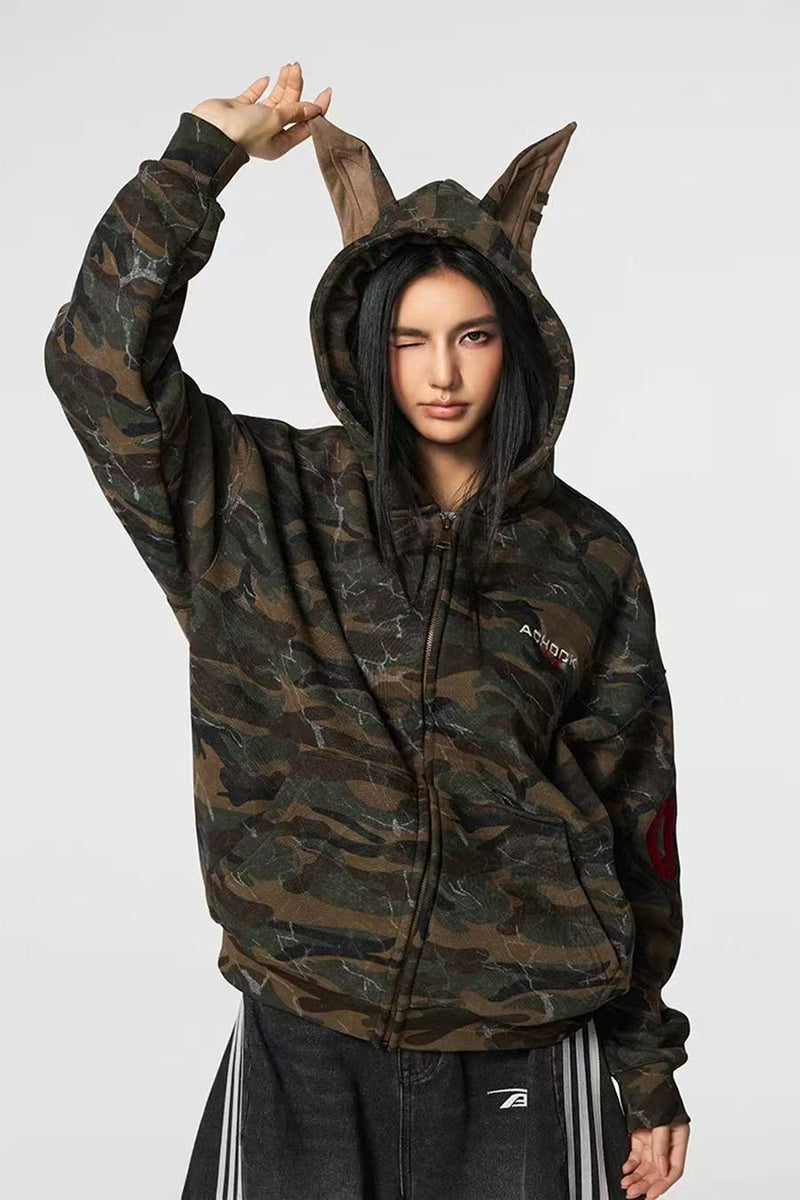 ACHOCK Camouflage Doberman Ear Hooded Fleece Cardigan Sweatshirt
