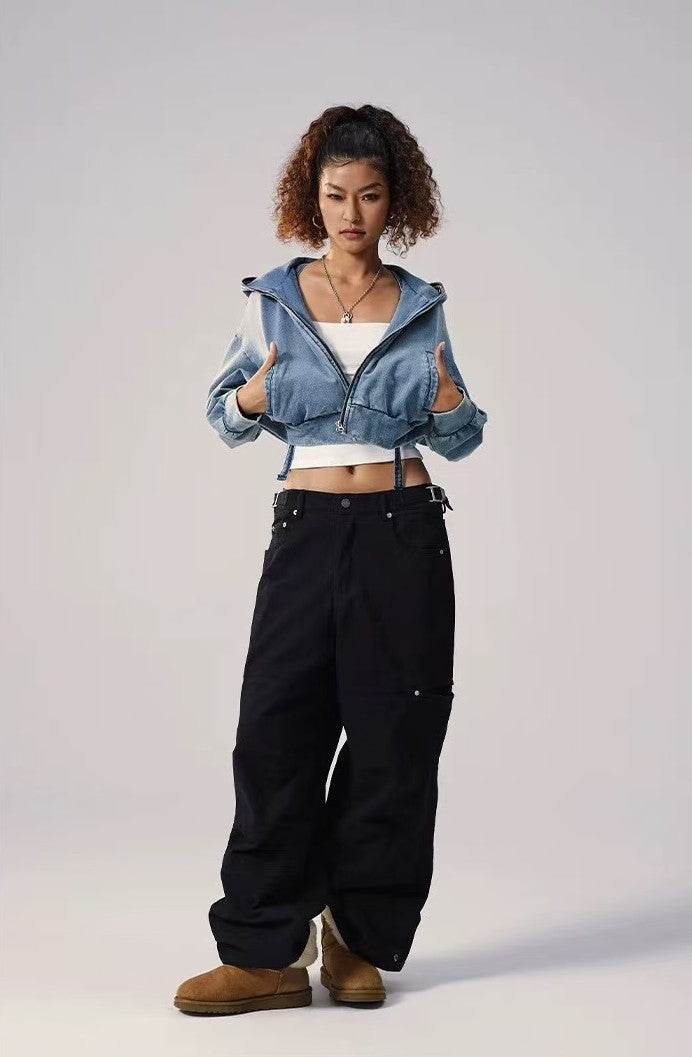 REMEDY Retro Distressed Washed Denim Backpack Hooded Jacket (For Women)