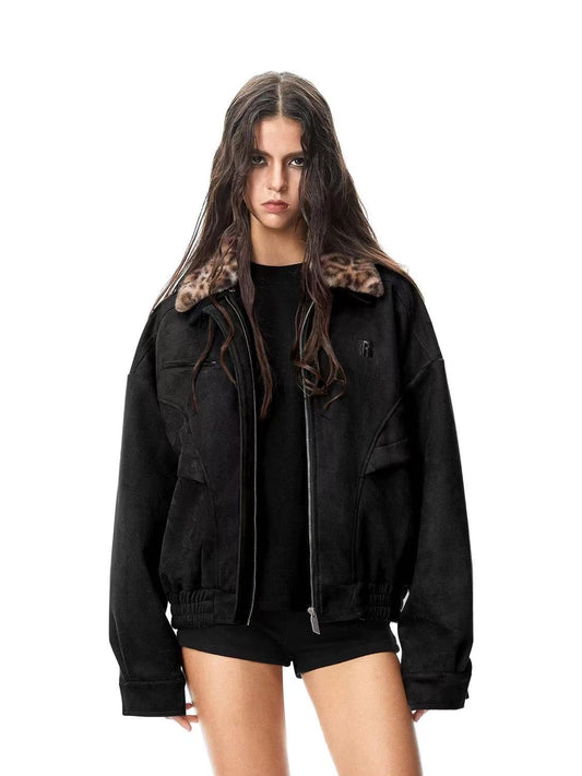 FDR  Suede Leopard Print Contrast Lapel Cardigan Jacket