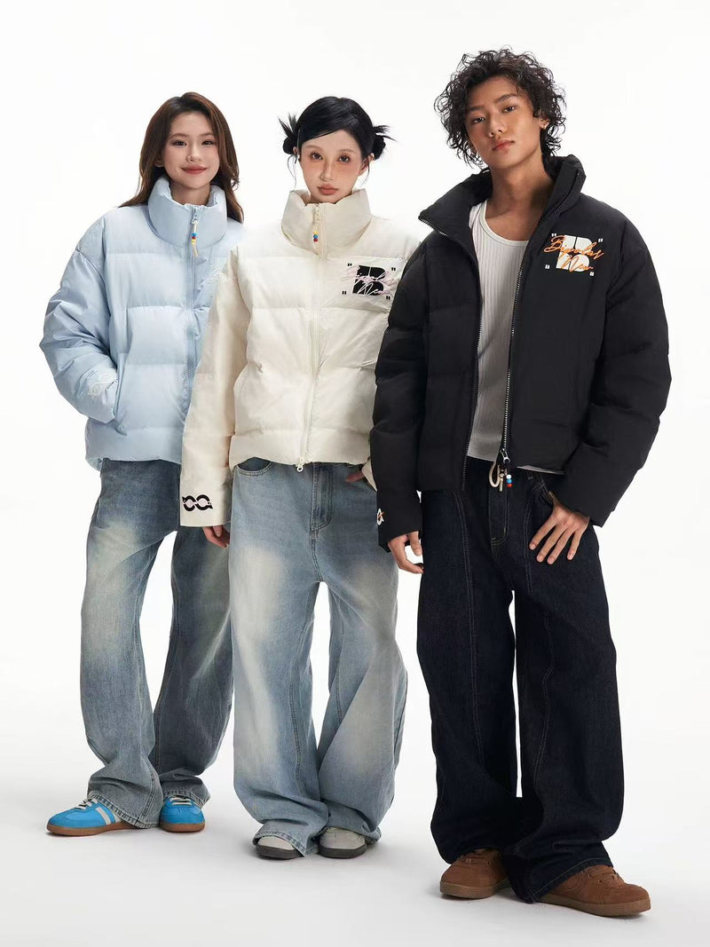 BIPOLAR Contrast Color Embroidered Letters Down Jacket