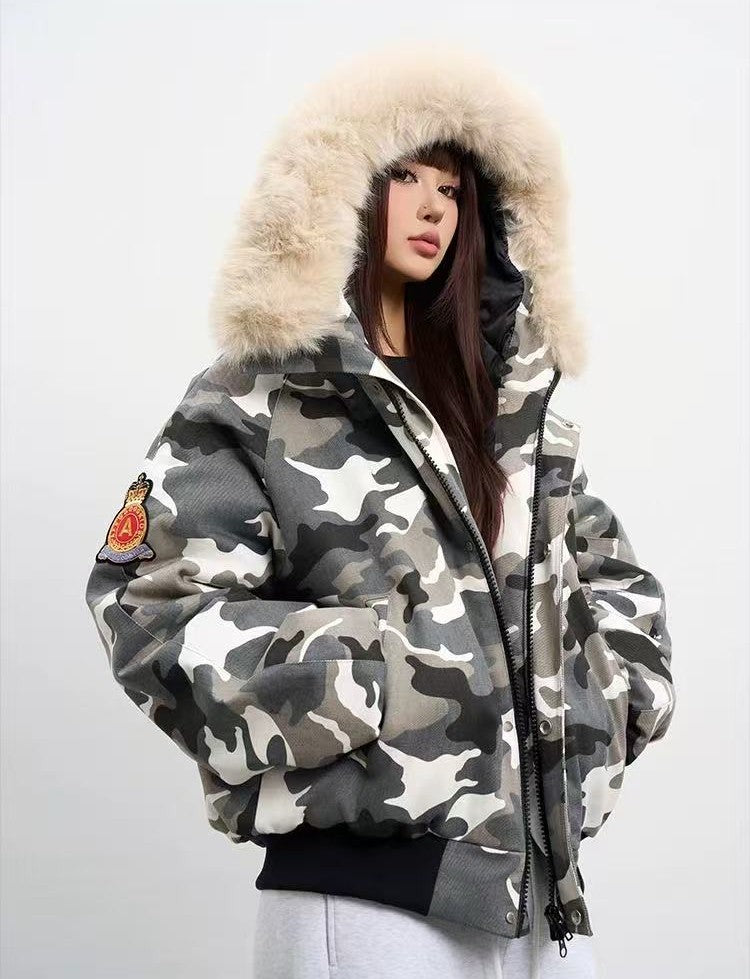 AFGK Camouflage Fur Collar Cotton Jacket
