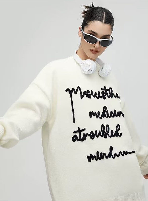 ACHOCK Embroidered Monogram Letter Pullover Sweater