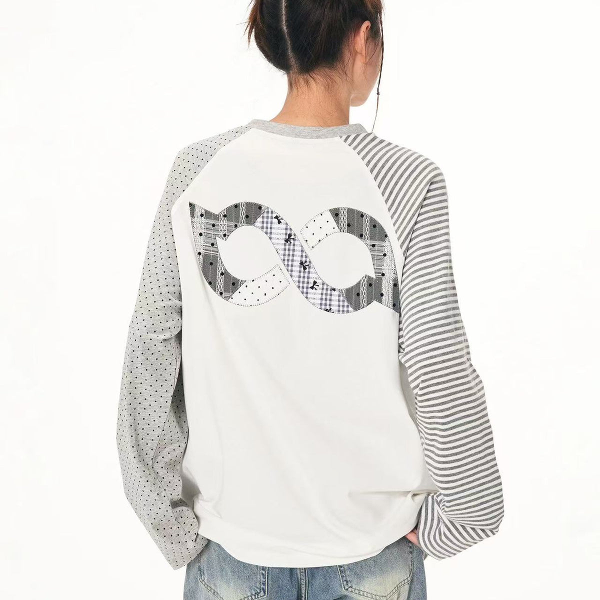 BIPOLAR  Polka Dot Striped Raglan Long-sleeves T-shirts
