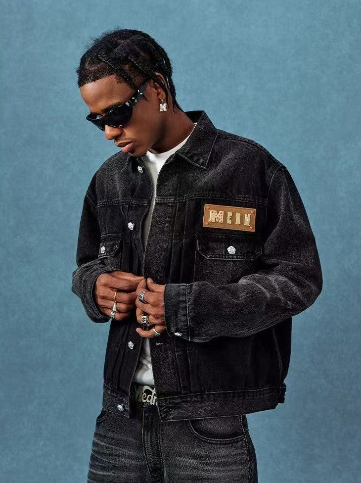 MEDM Leather Patch Distressed Washed Denim Jacket