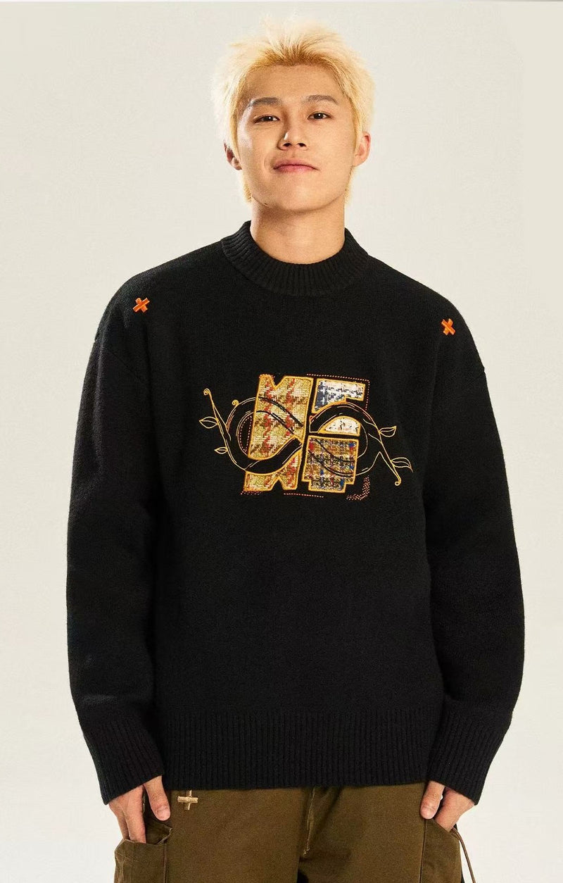 BIPOLAR×NSTNEW Logo Design Black Crew Neck Sweater