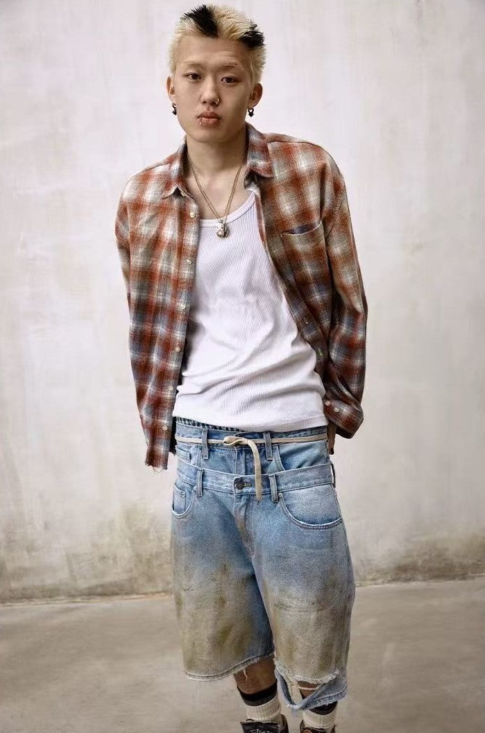 REMEDY Fringed Plaid Long-sleeve Shirt