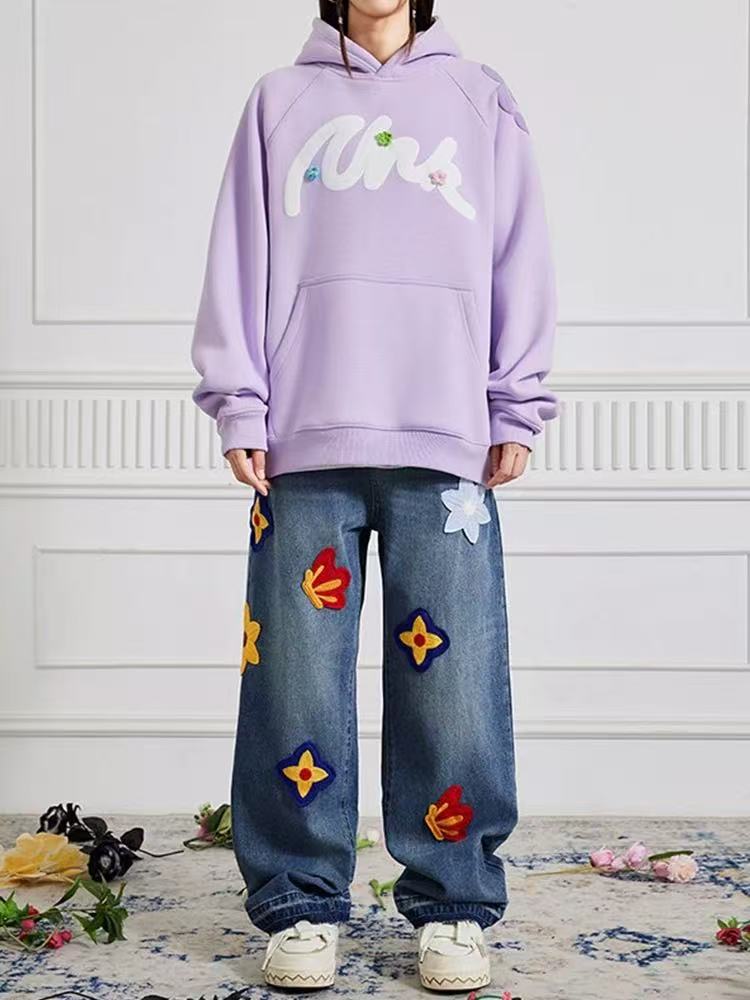 ACHOCK Creative Letter Petal Embroidered Jeans