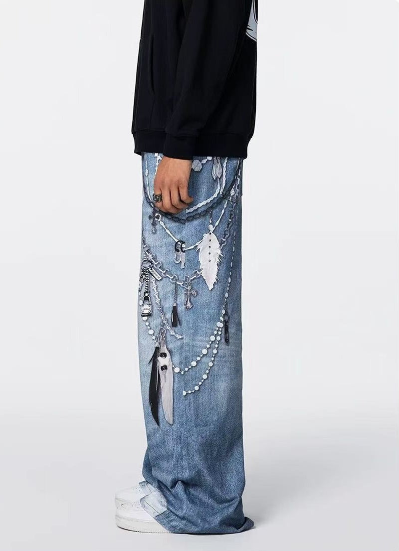 ACHOCK 3D Chain Printed Loose Jeans