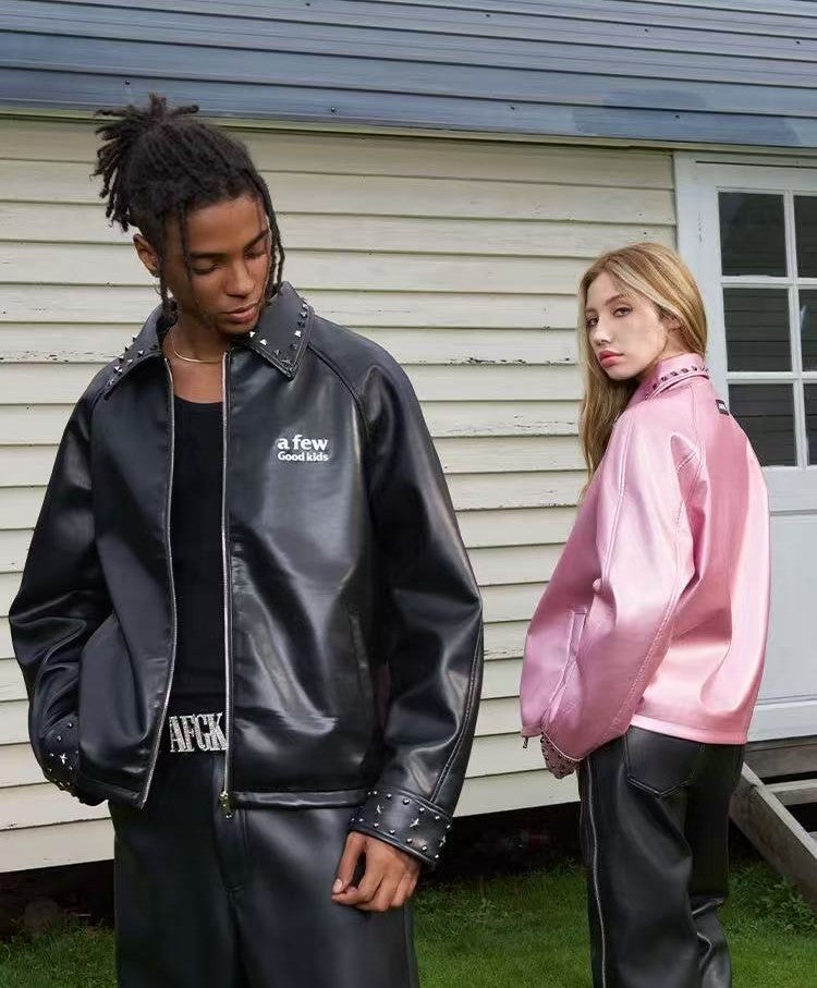 AFGK Glossy Studded Zippered Leather Jacket