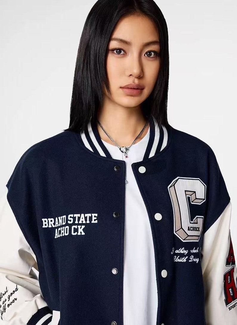 ACHOCK Vintage Embroidery Varsity Jacket