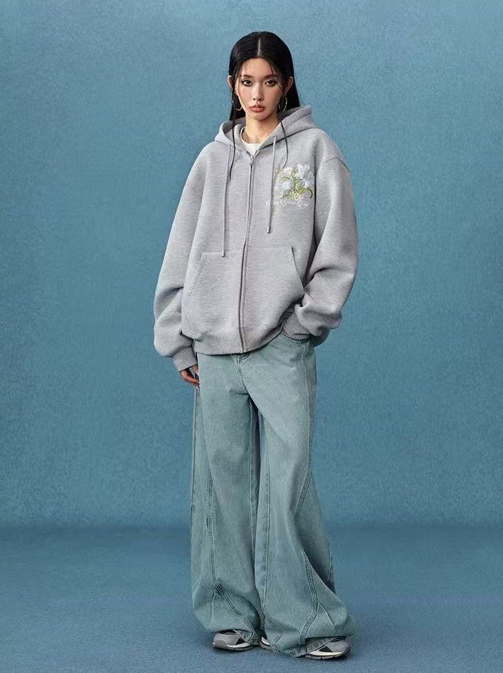 MEDM Floral Air Layer Embroidered Zip Hoodie