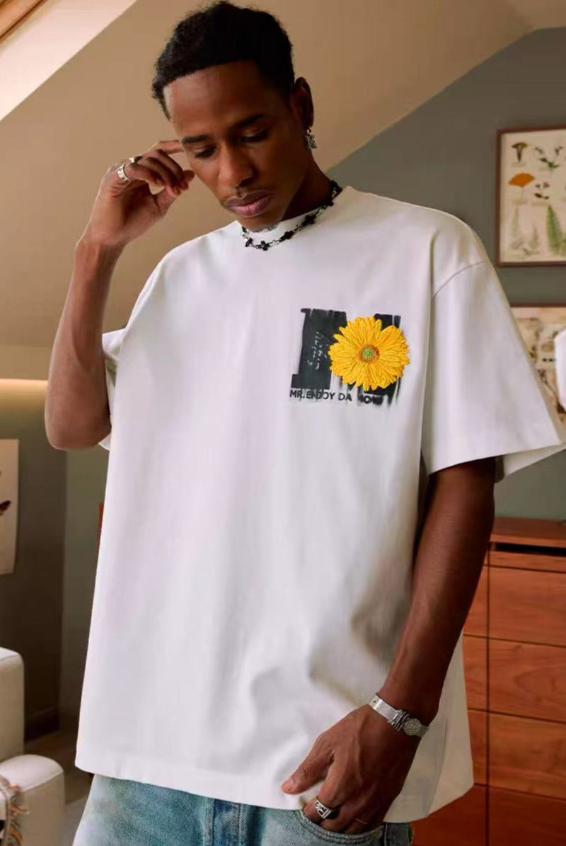 MEDM Mottled Logo Floral Embroidery Short-sleeved T-shirt