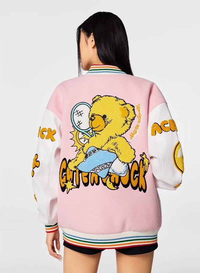 ACHOCK Crescent Bear Embroidered Baseball Jacket