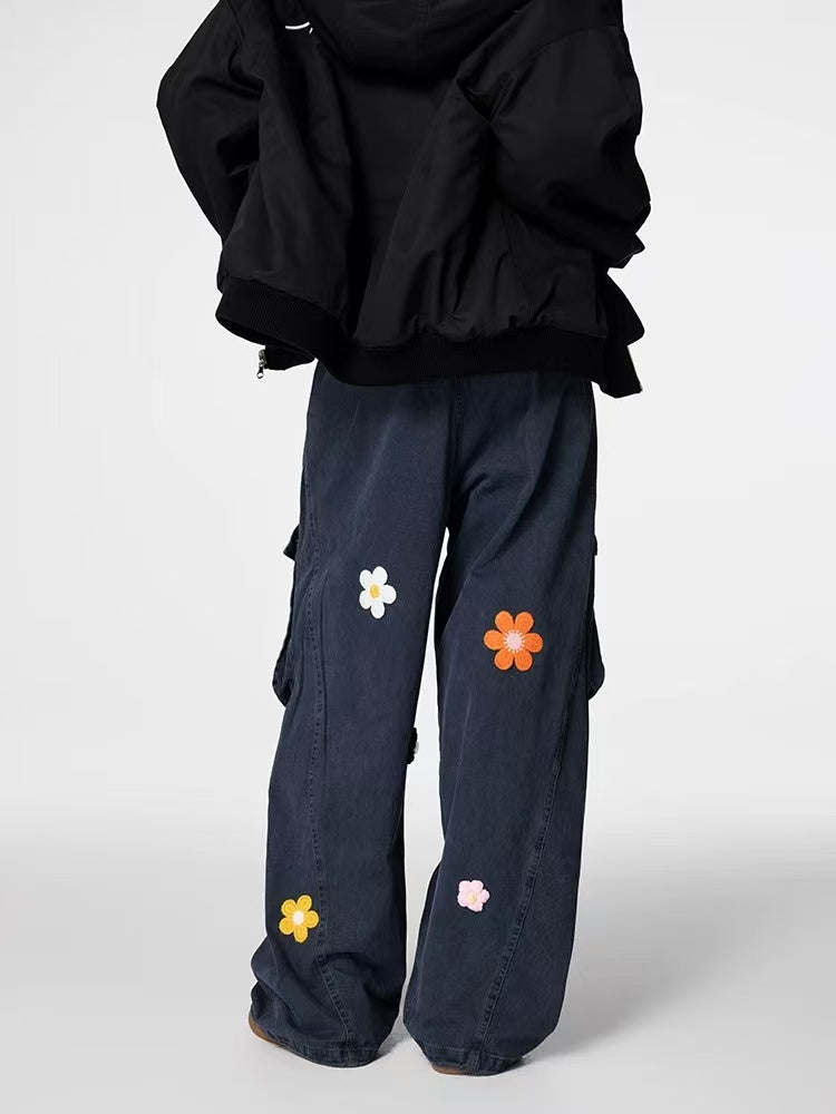 ACHOCK Vintage Multi-pocket Floral Embroidered Paratrooper Pants