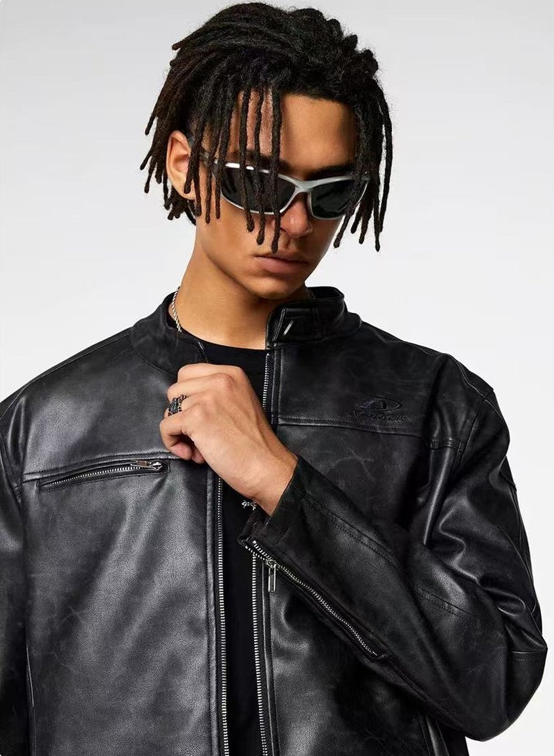 ACHOCK Stand Collar Slim Fit Leather Jacket