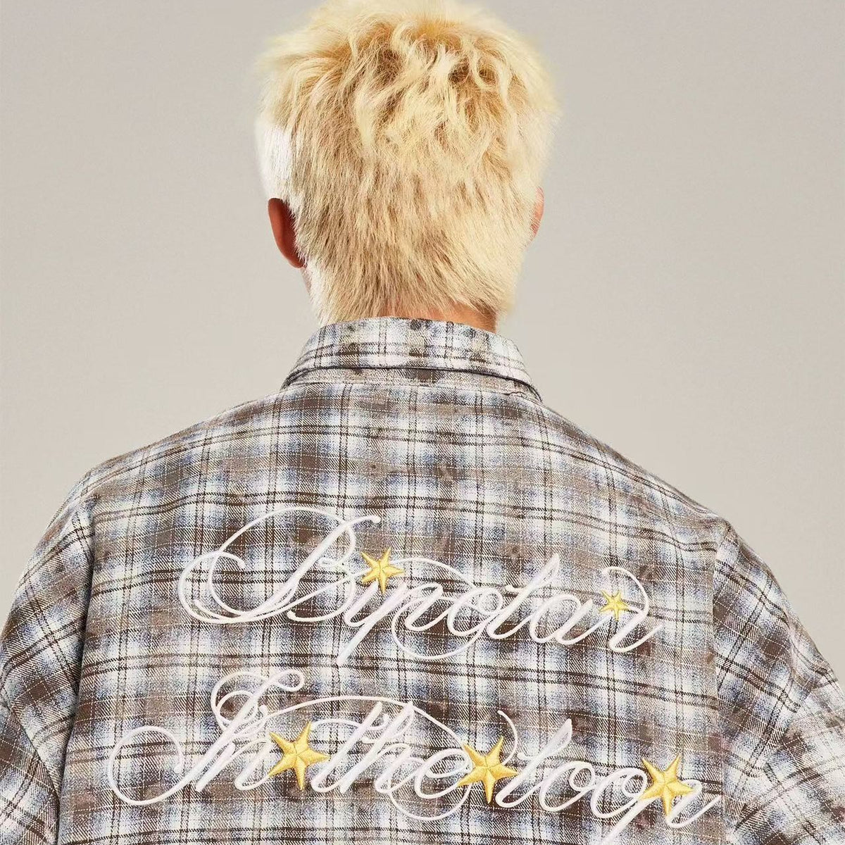 BIPOLAR Retro Floral Letter Embroidered Tie-dye Plaid Shirt