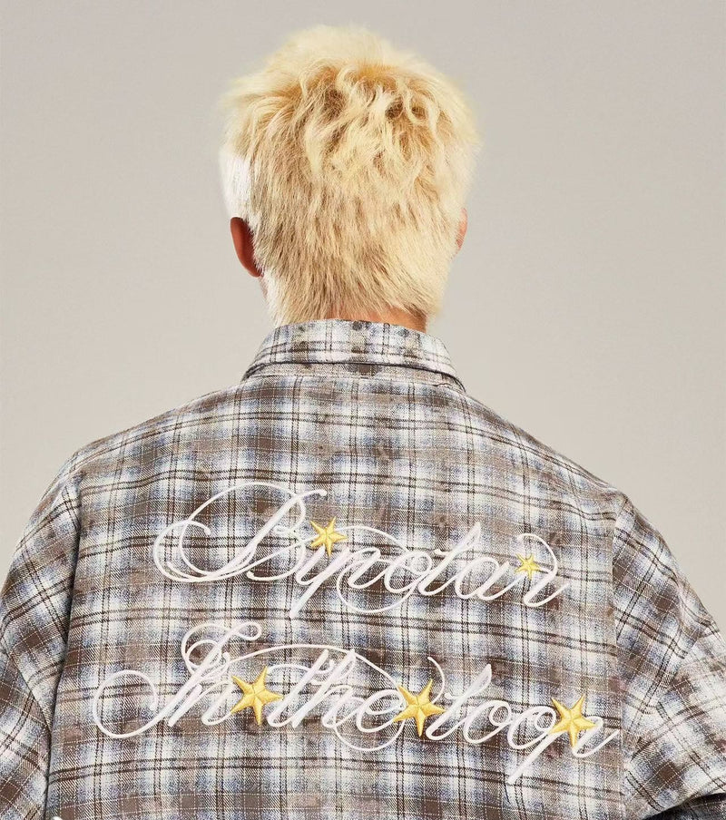 BIPOLAR Retro Floral Letter Embroidered Tie-dye Plaid Shirt