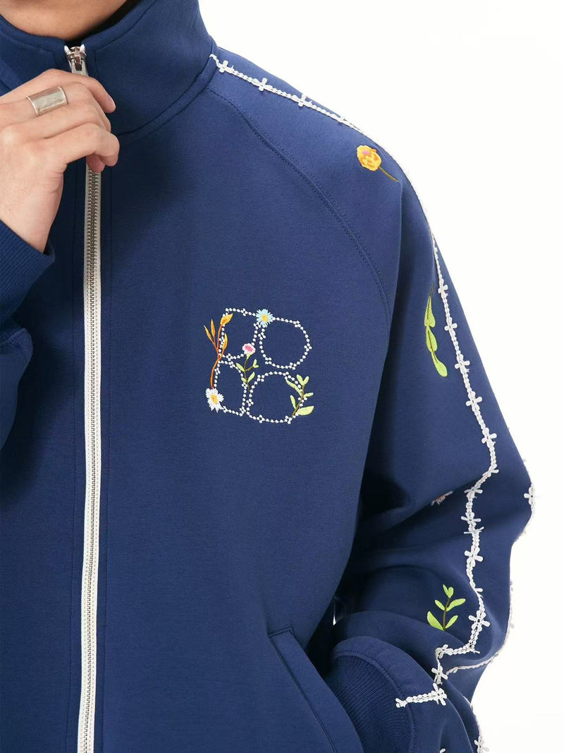 BIPOLAR Floral Embroidered Zipper Sweatshirt