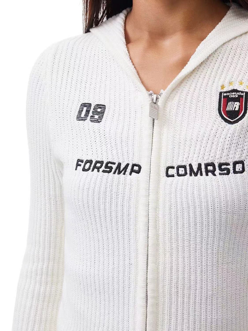 FDR Slim Fit Badge Knitted Zipper Hoodie (For Women)