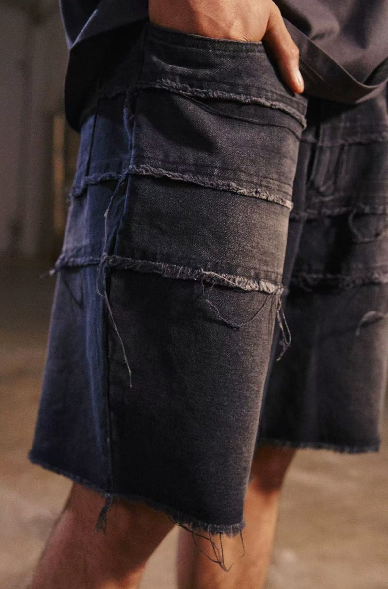 REMEDY Destroyed Fringe Paneled Denim Shorts