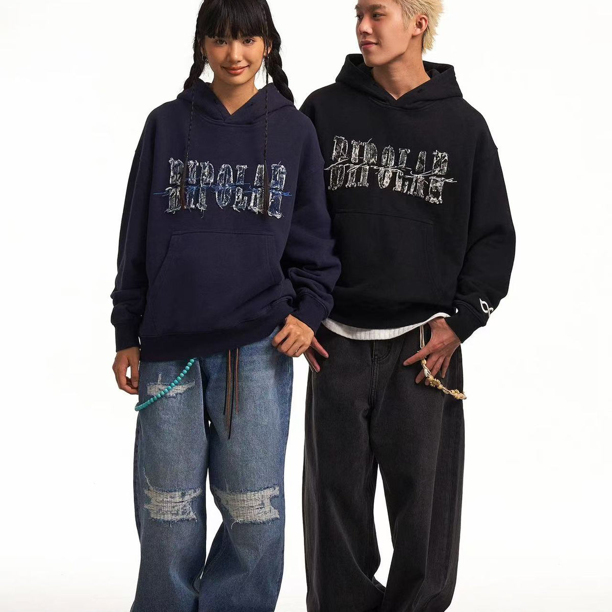 BIPOLAR Destroyed and Torn Creative Design Denim Patch Hoodie