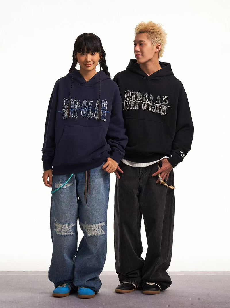 BIPOLAR Destroyed and Torn Creative Design Denim Patch Hoodie