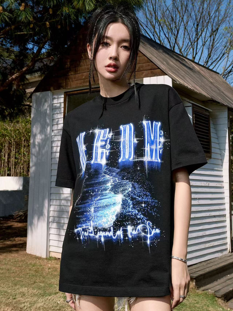 MEDM Heat-set Oil Printed Blue Tears Short-sleeved T-shirt