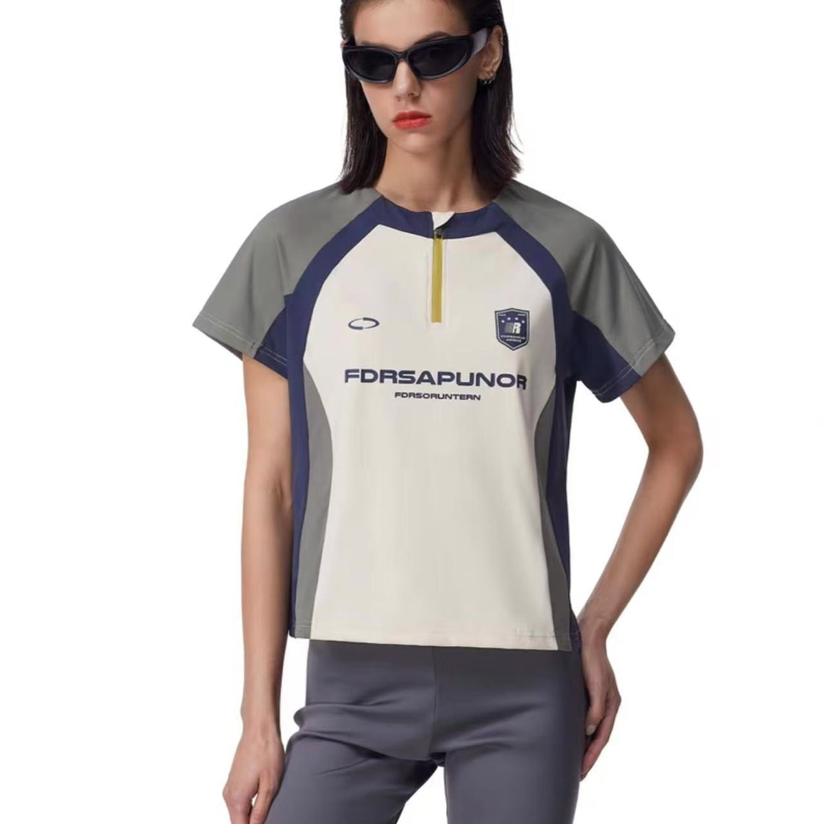 FDR Patchwork Zipper Short Sleeve T-shirt (For Women)