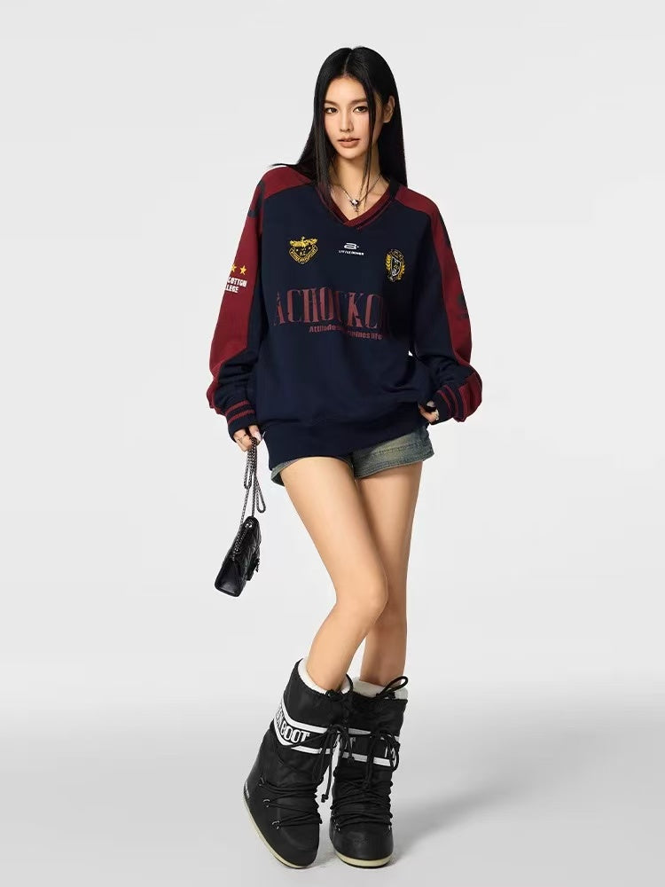 ACHOCK Retro V-neck Logo Design Sweatshirt