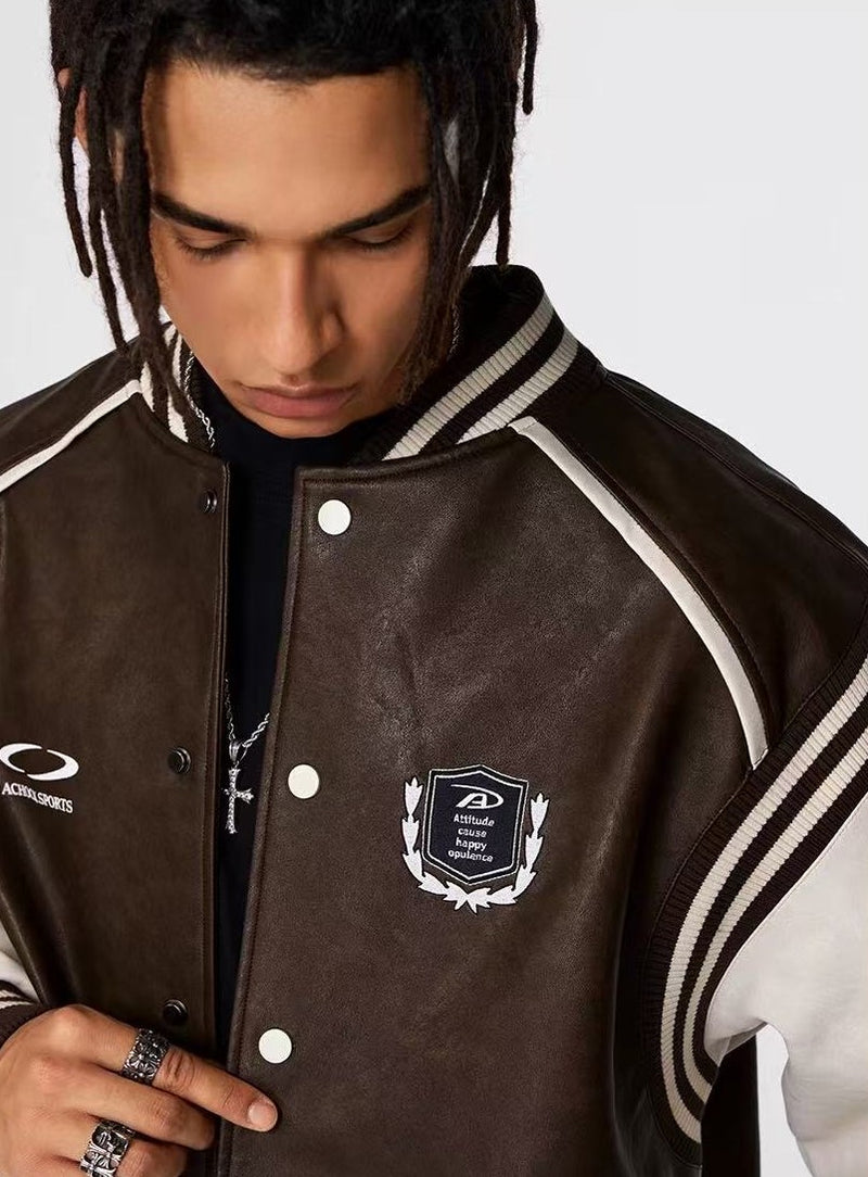 ACHOCK Logo Embroidered Retro Color Block Baseball Leather Jacket
