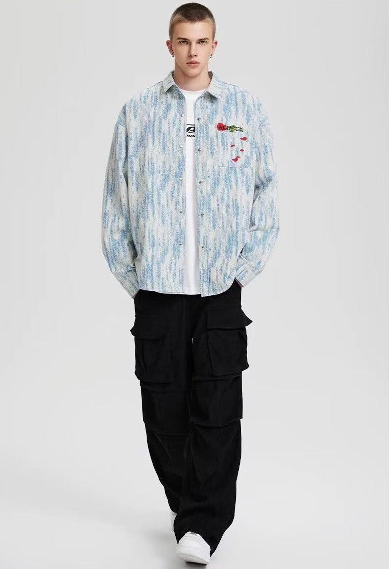 ACHOCK Rose Embroidery Washed Distressed Long-sleeve Shirt